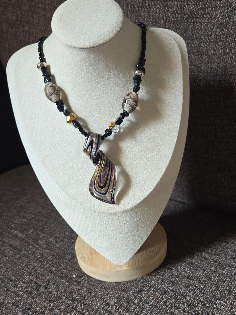 Vintage Handmade Black and Multicolor Swirl Blown Glass Pendant Necklace 💫